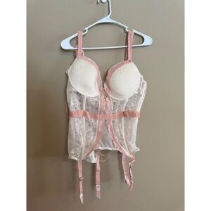 Lovehoney Lace Basque Set Ivory Pink Corset Lingerie LH-84032 1X/2X NEW